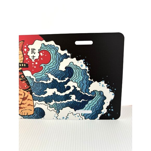 Japanese Anime Samurai Cat Aluminum License Plate Ocean Wave Red Sun Design NEW - Picture 2 of 6